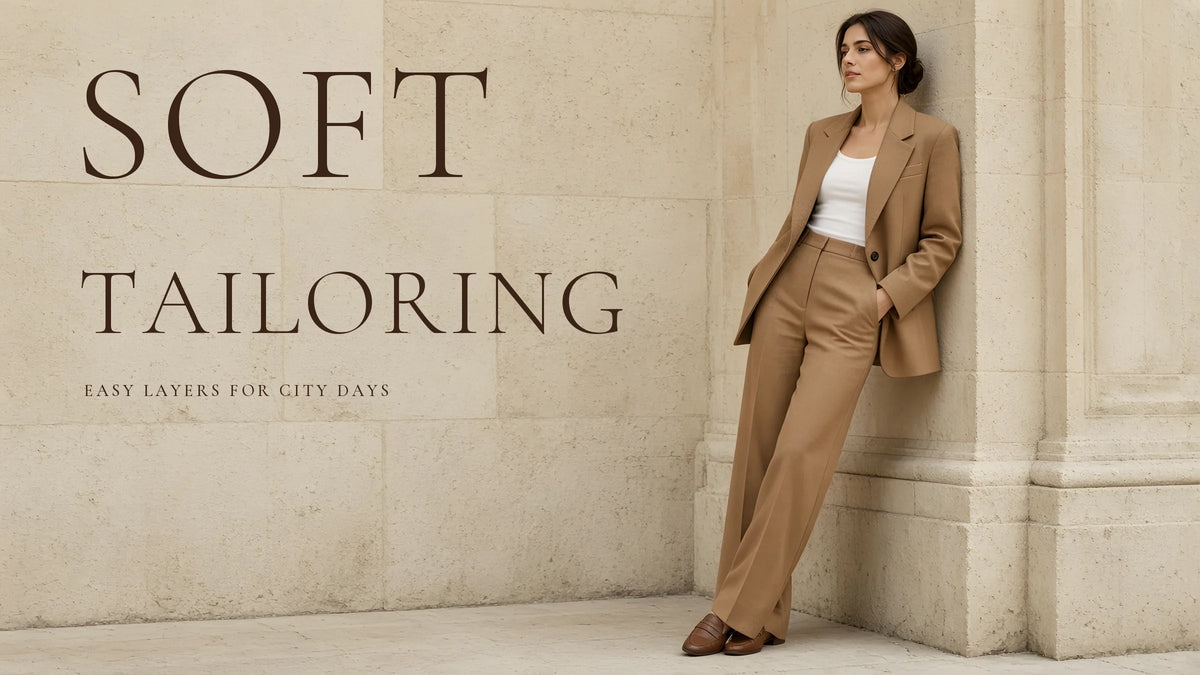 Soft Tailoring — woman in a camel blazer and wide-leg trousers leaning on a pale stone wall