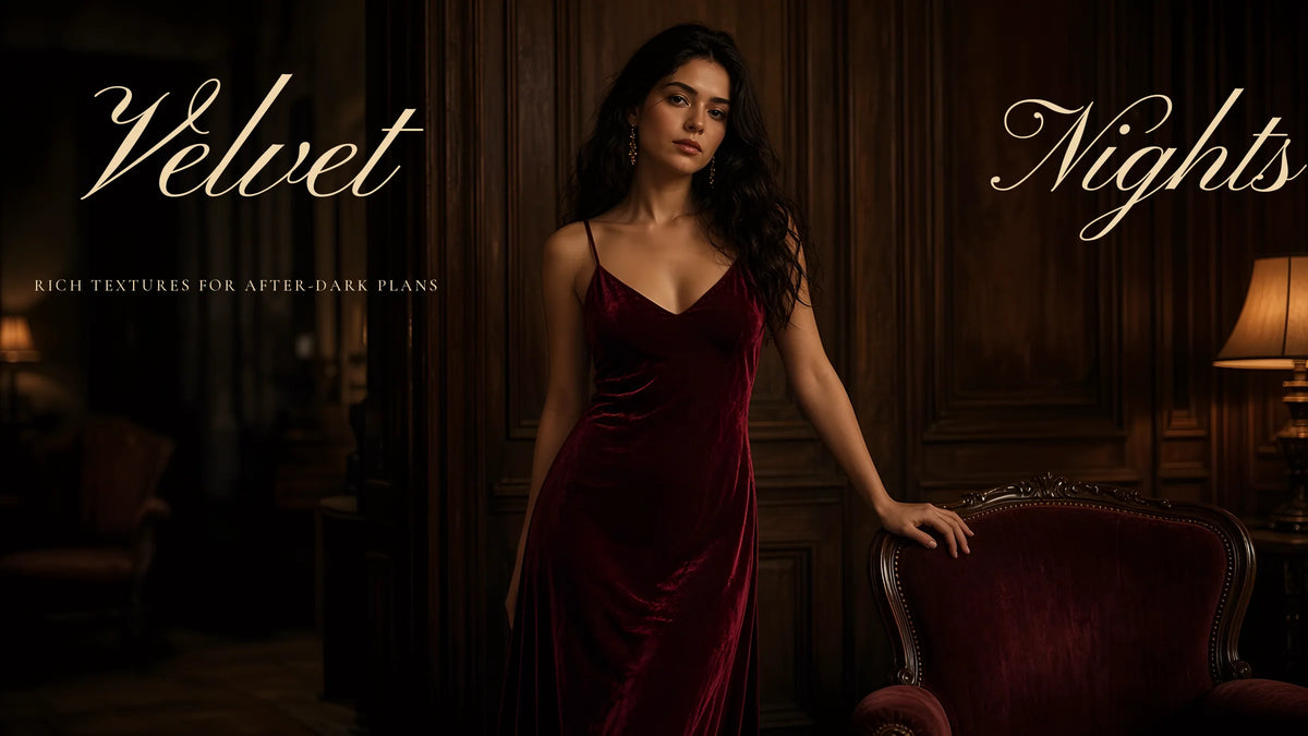 Velvet Nights — woman in a burgundy velvet slip dress in a lamp-lit wood-panelled room