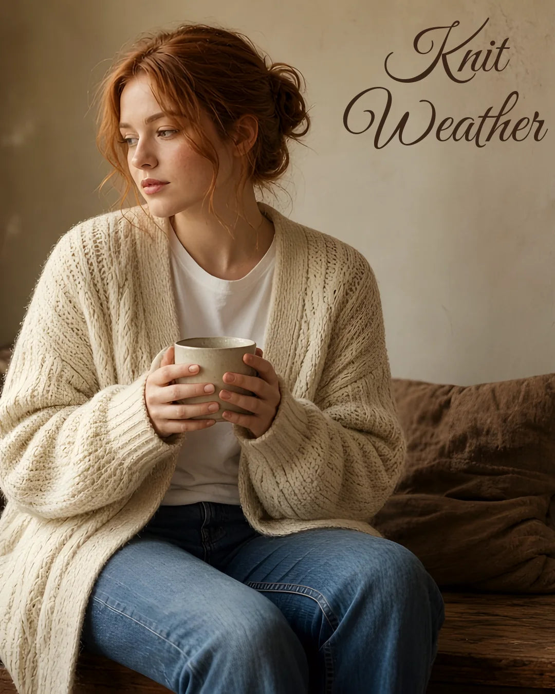Knit Weather — woman in a cream chunky-knit cardigan and jeans holding a mug on a window seat