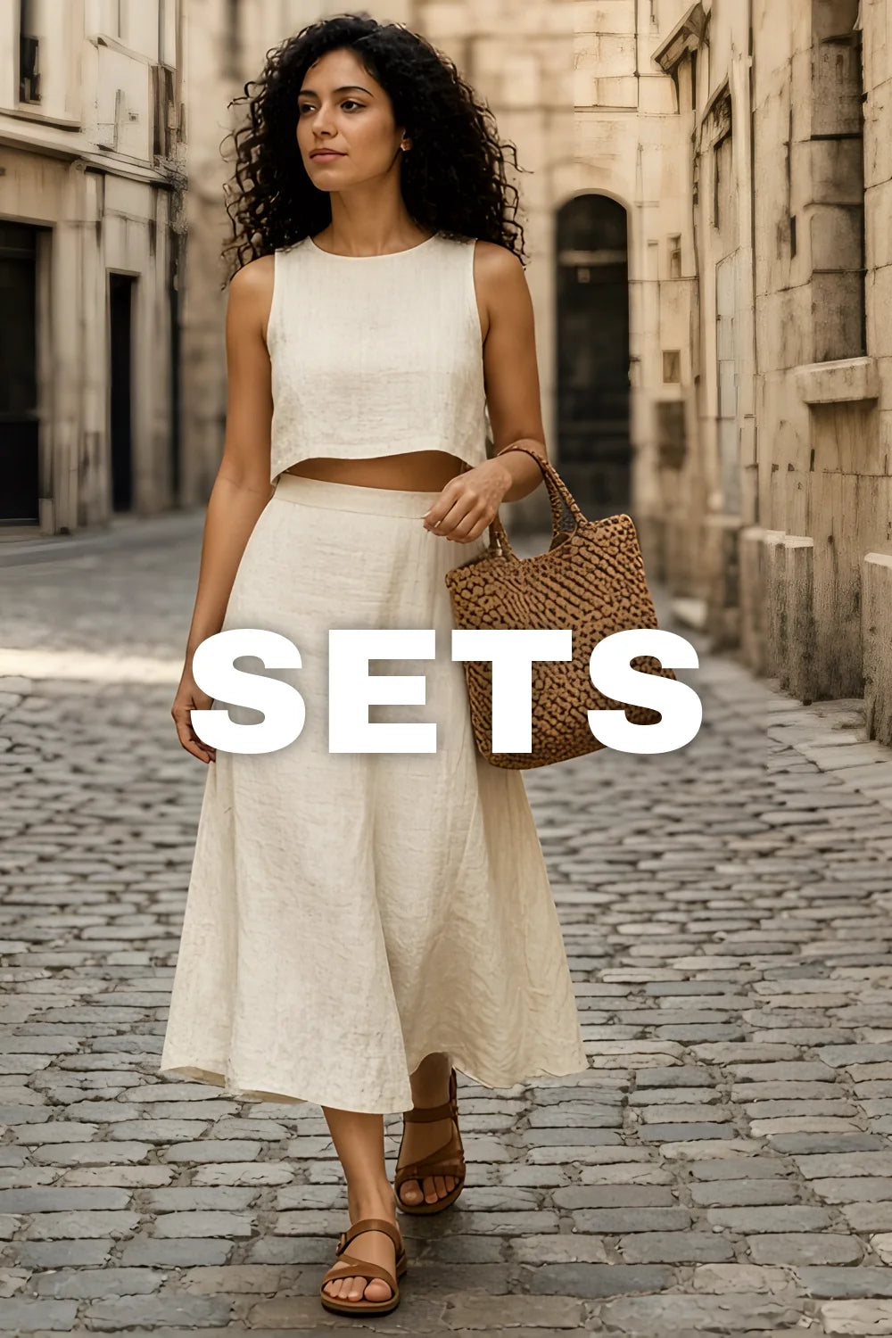 Sets — woman in a cream knit crop top and matching midi skirt with a woven tote on a cobbled lane