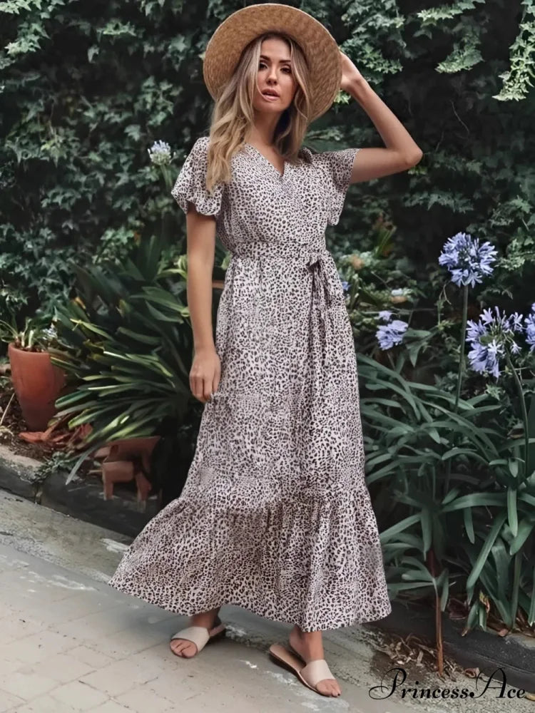 Retro Cheetah Pattern Bow Tie Bohemian Dress