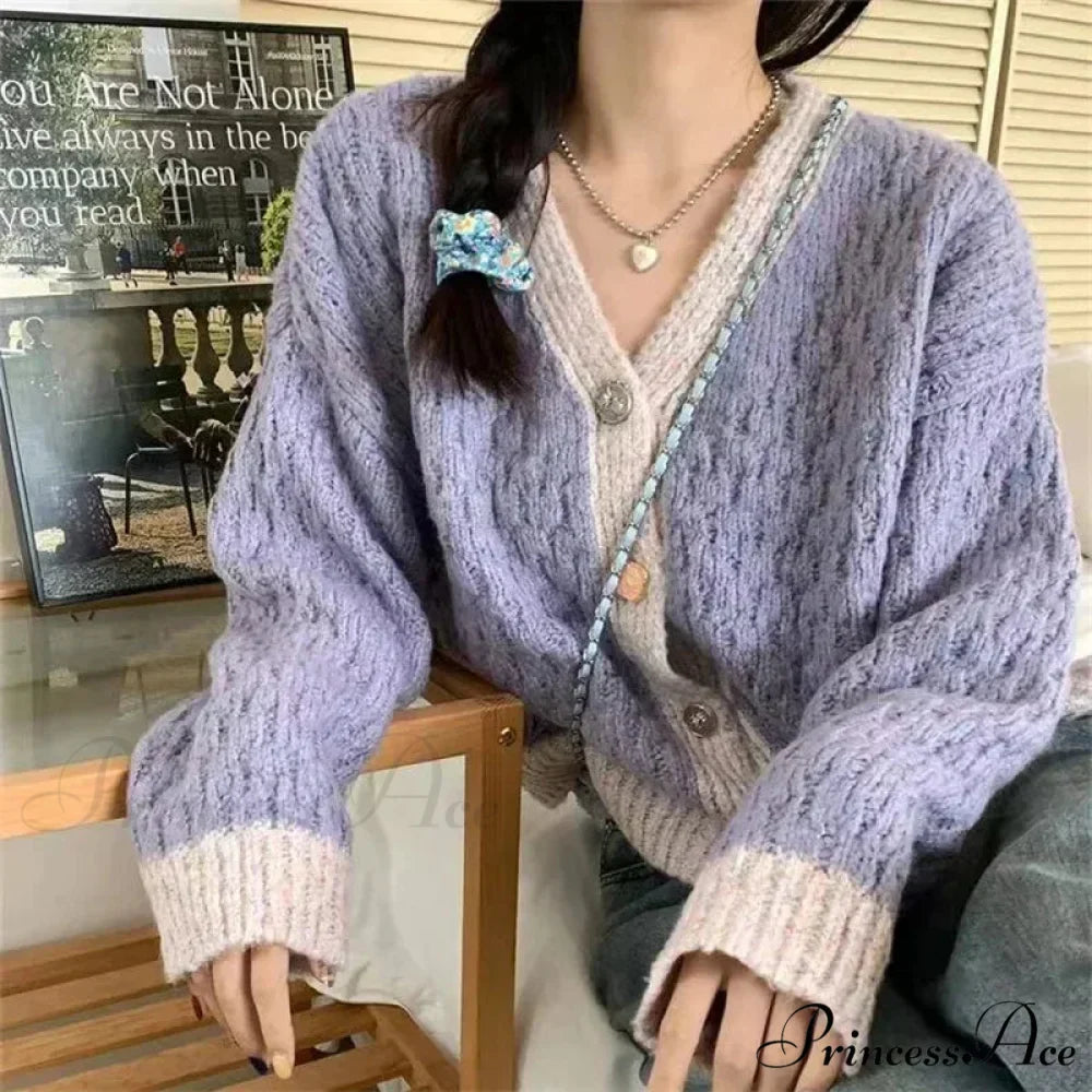 Violet Patchwork Baggy Soft V-Neck Knitted Cardigan