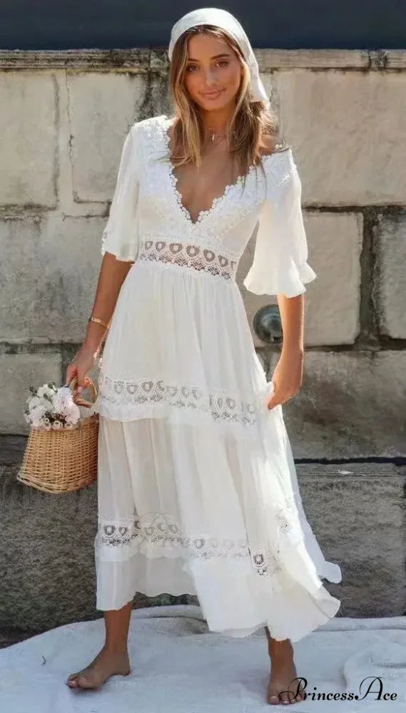 White Long Dress Hollow Waist Deep V-neck Dress