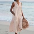 Button Front V Neck Sleeveless Ruffle Hem Casual Linen Midi Dress