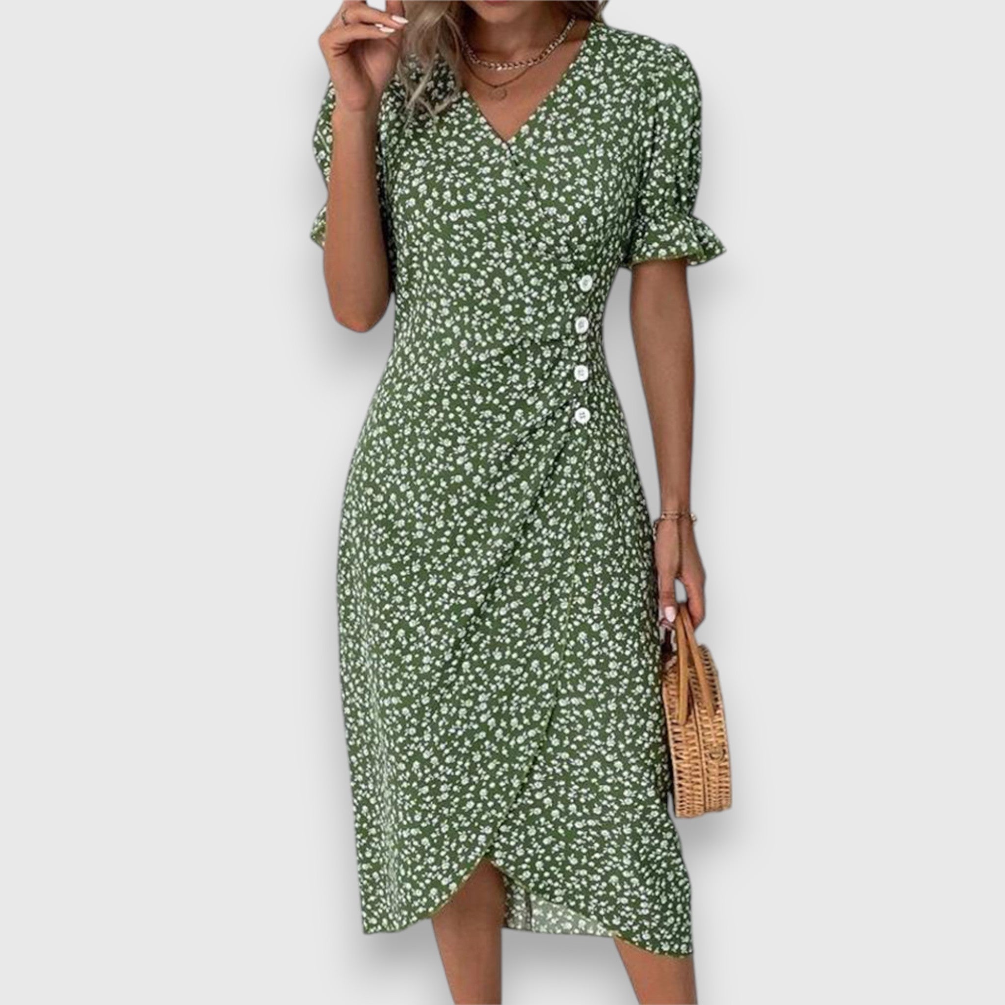 Ditsy Floral Puff Sleeve Button Side Split Midi Dress
