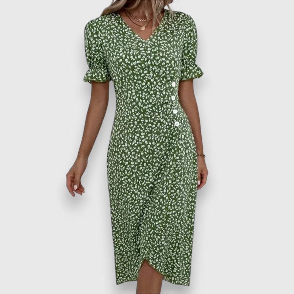 Ditsy Floral Puff Sleeve Button Side Split Midi Dress
