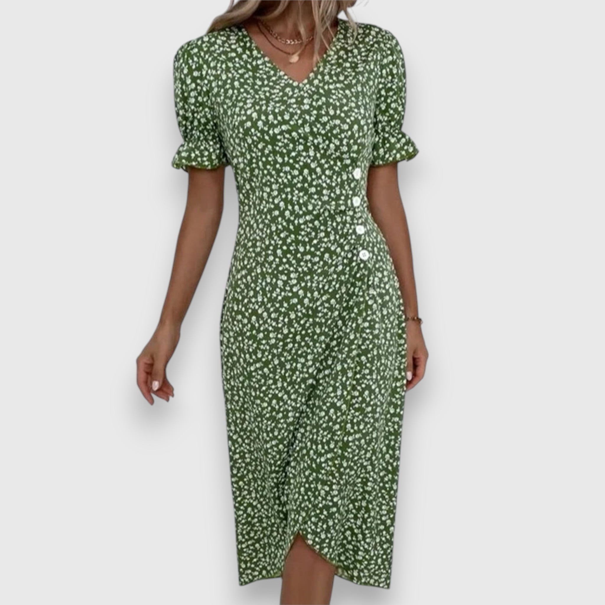 Ditsy Floral Puff Sleeve Button Side Split Midi Dress