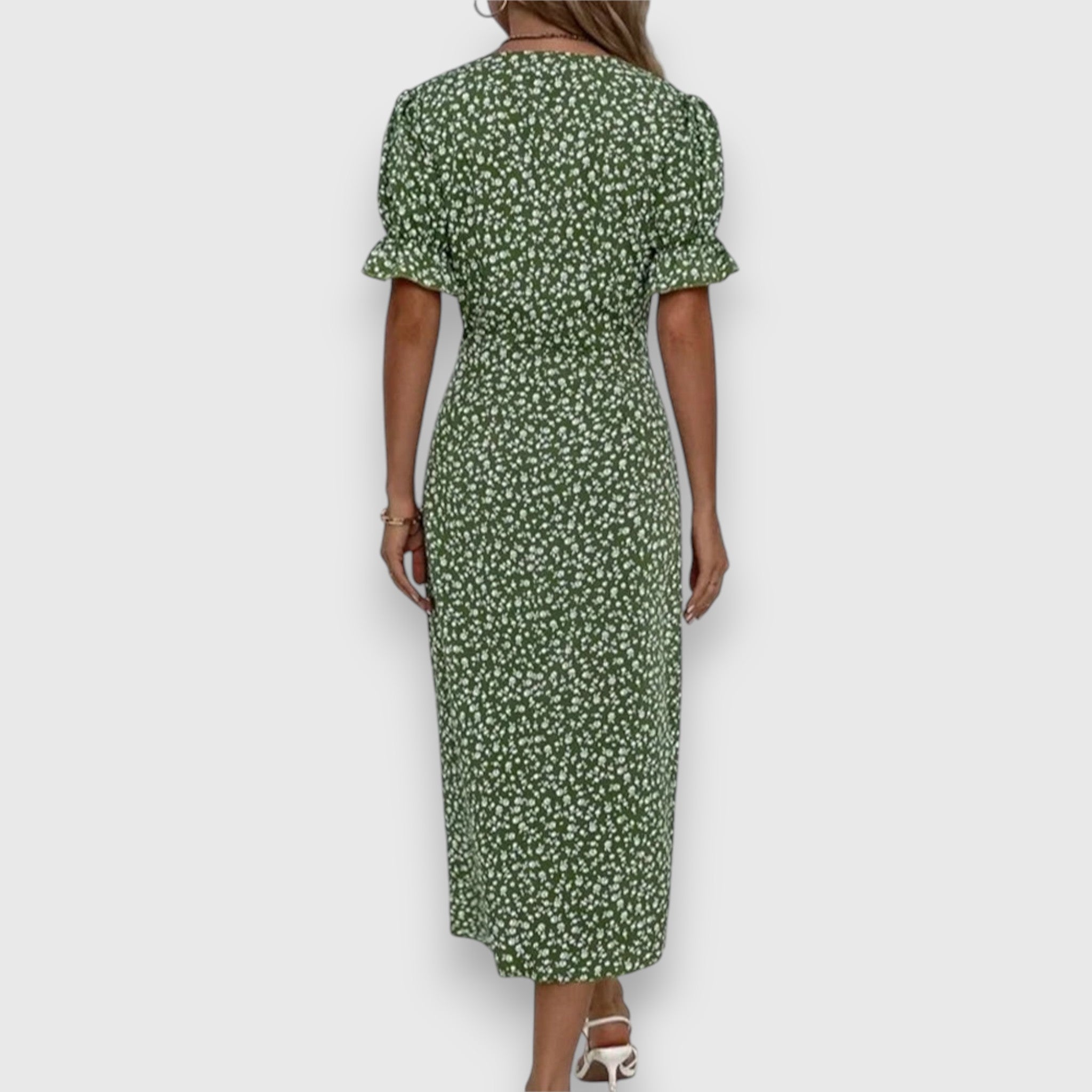 Ditsy Floral Puff Sleeve Button Side Split Midi Dress