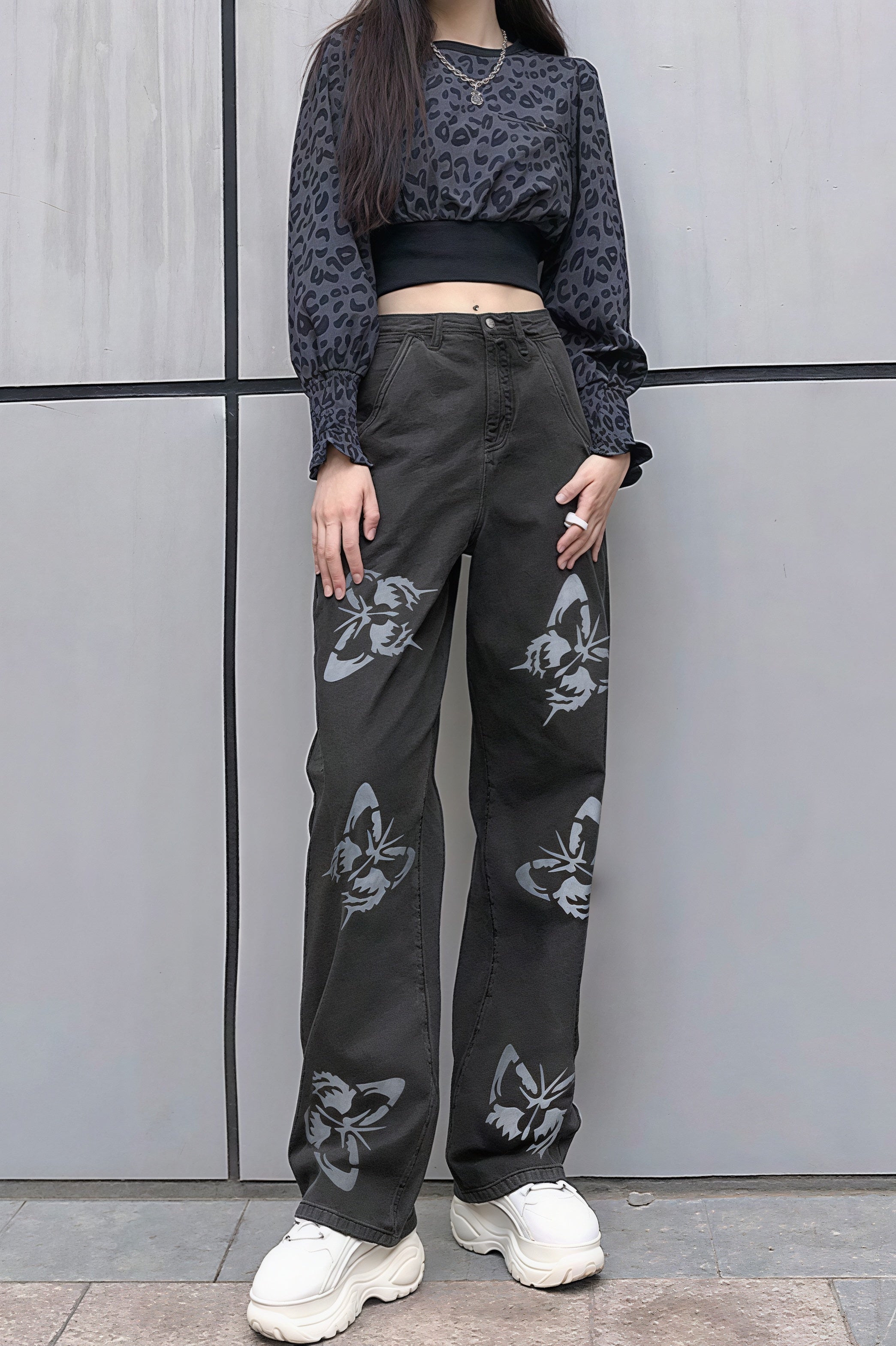 Butterfly Print Loose Straight Jeans