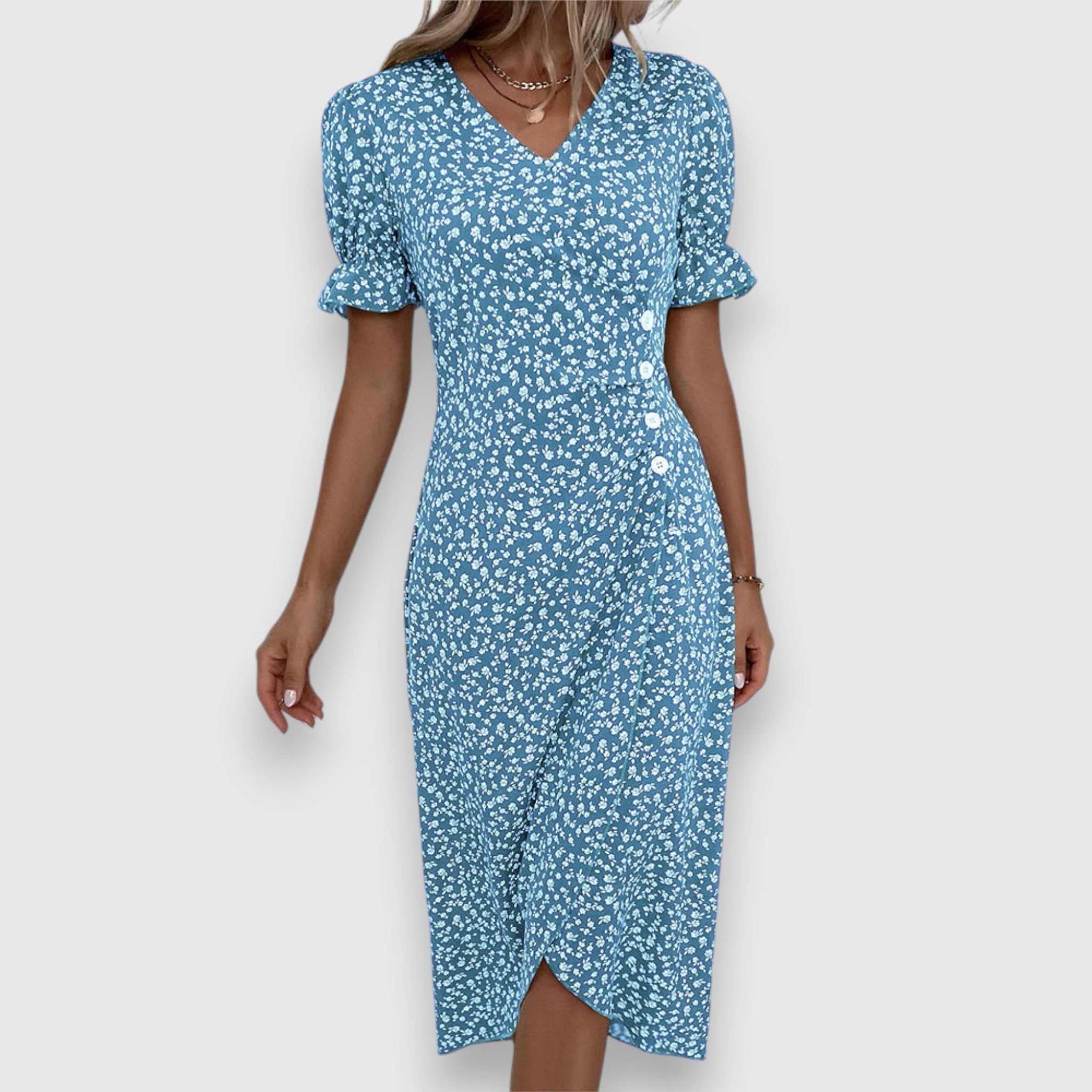 Ditsy Floral Puff Sleeve Button Side Split Midi Dress