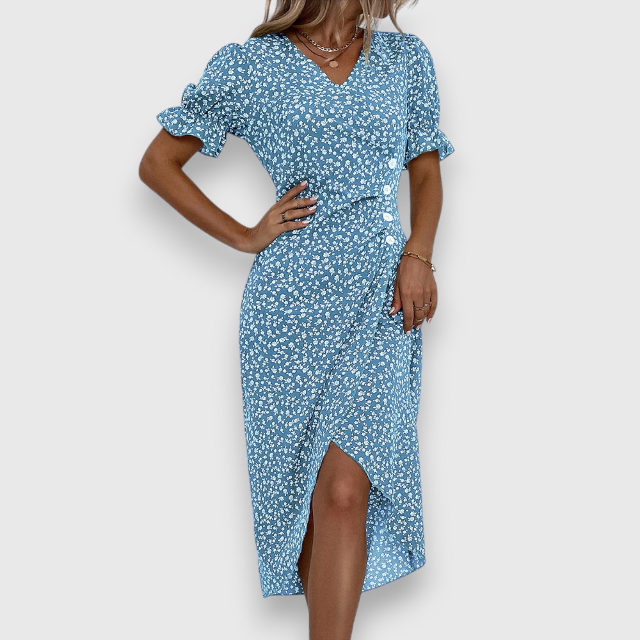 Ditsy Floral Puff Sleeve Button Side Split Midi Dress
