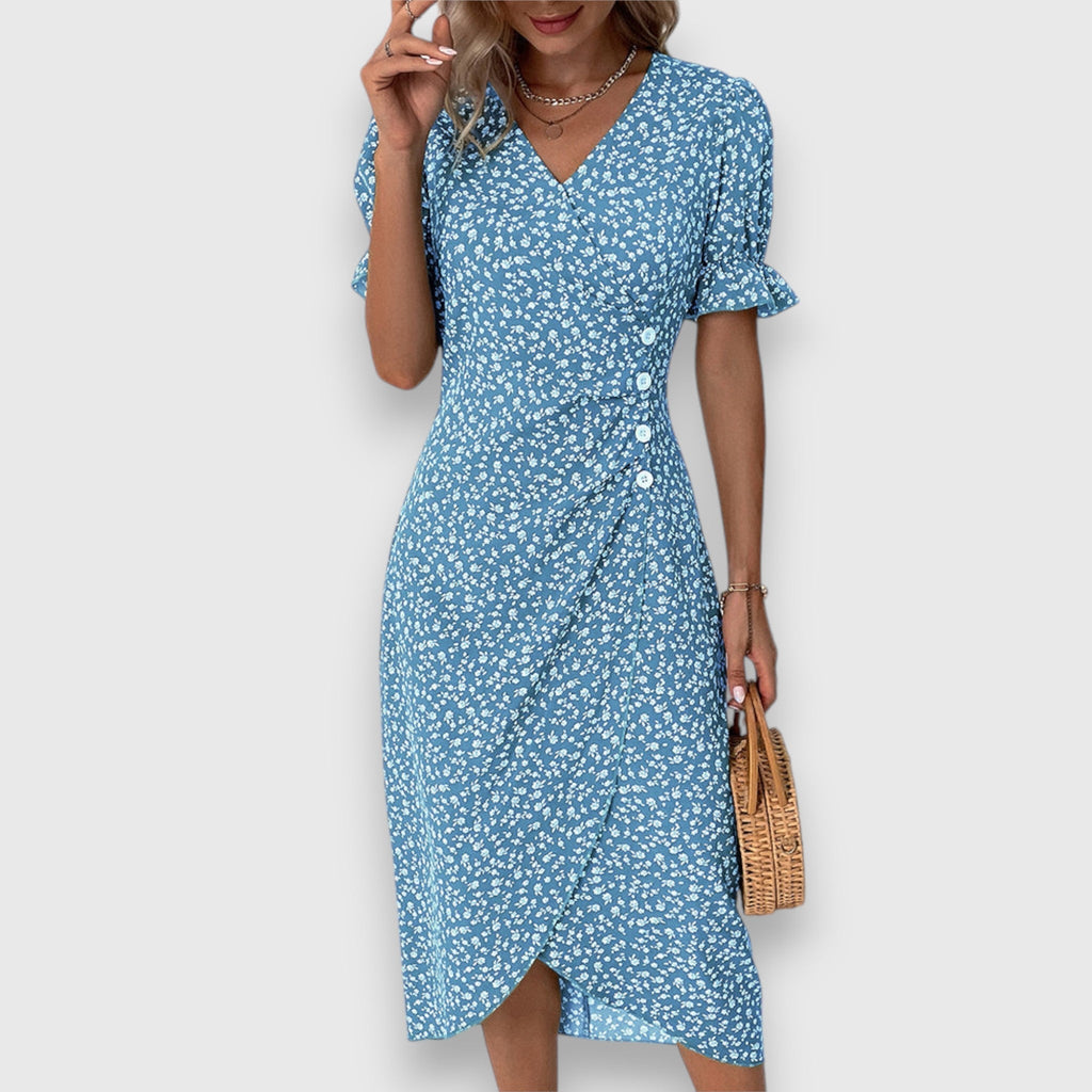 Ditsy Floral Puff Sleeve Button Side Split Midi Dress