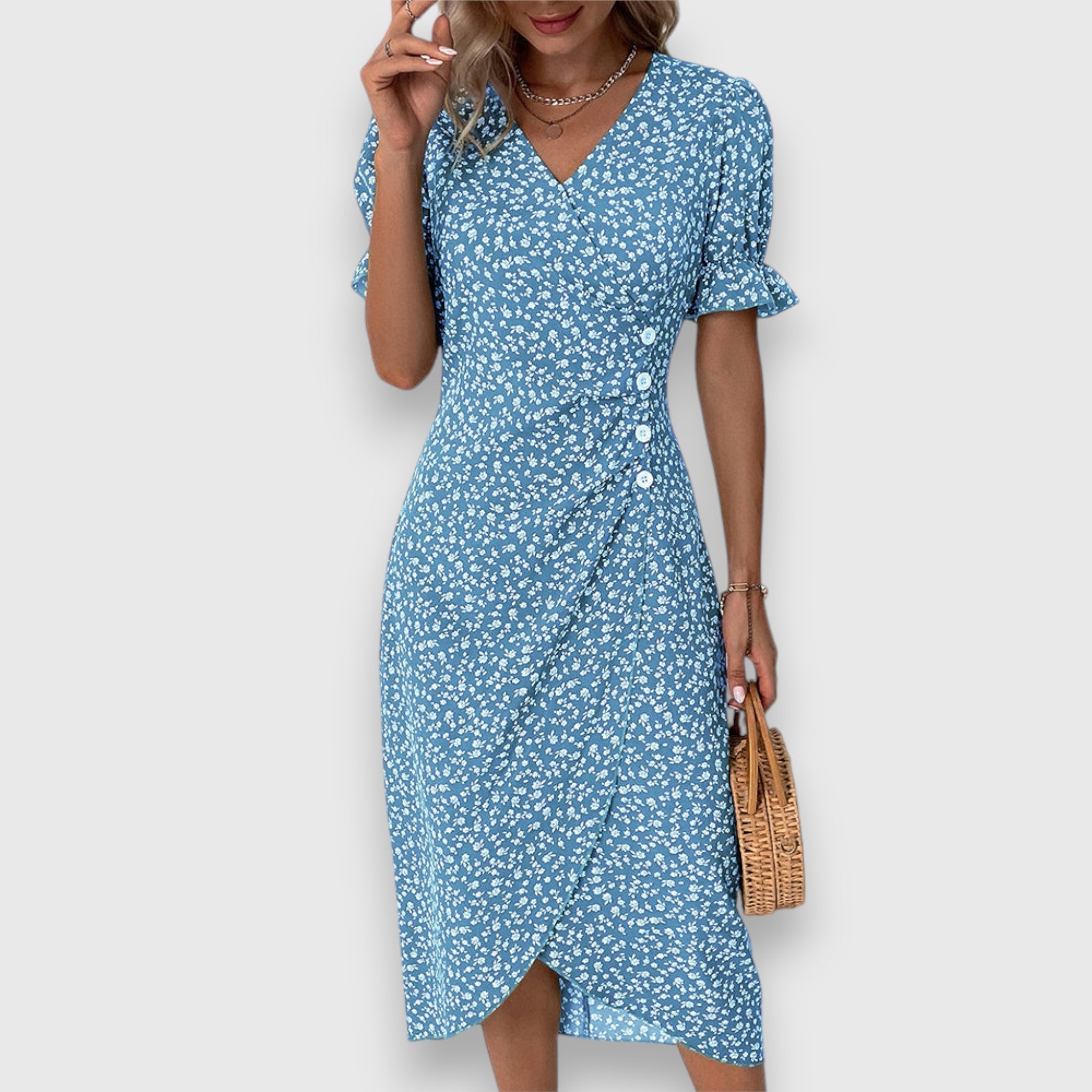 Ditsy Floral Puff Sleeve Button Side Split Midi Dress