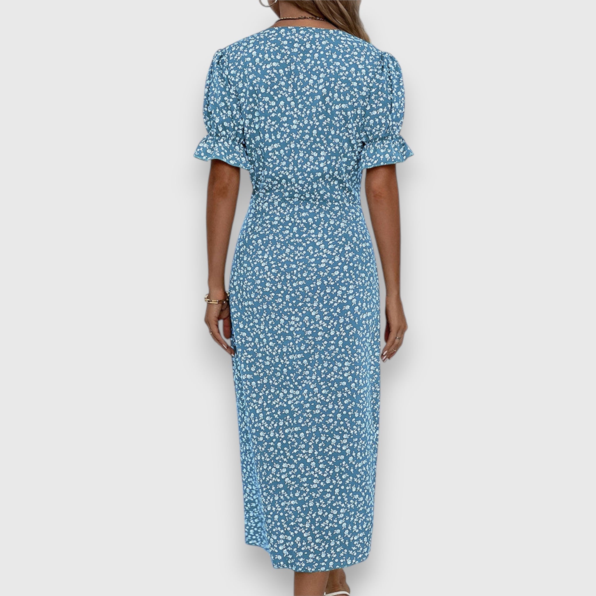 Ditsy Floral Puff Sleeve Button Side Split Midi Dress