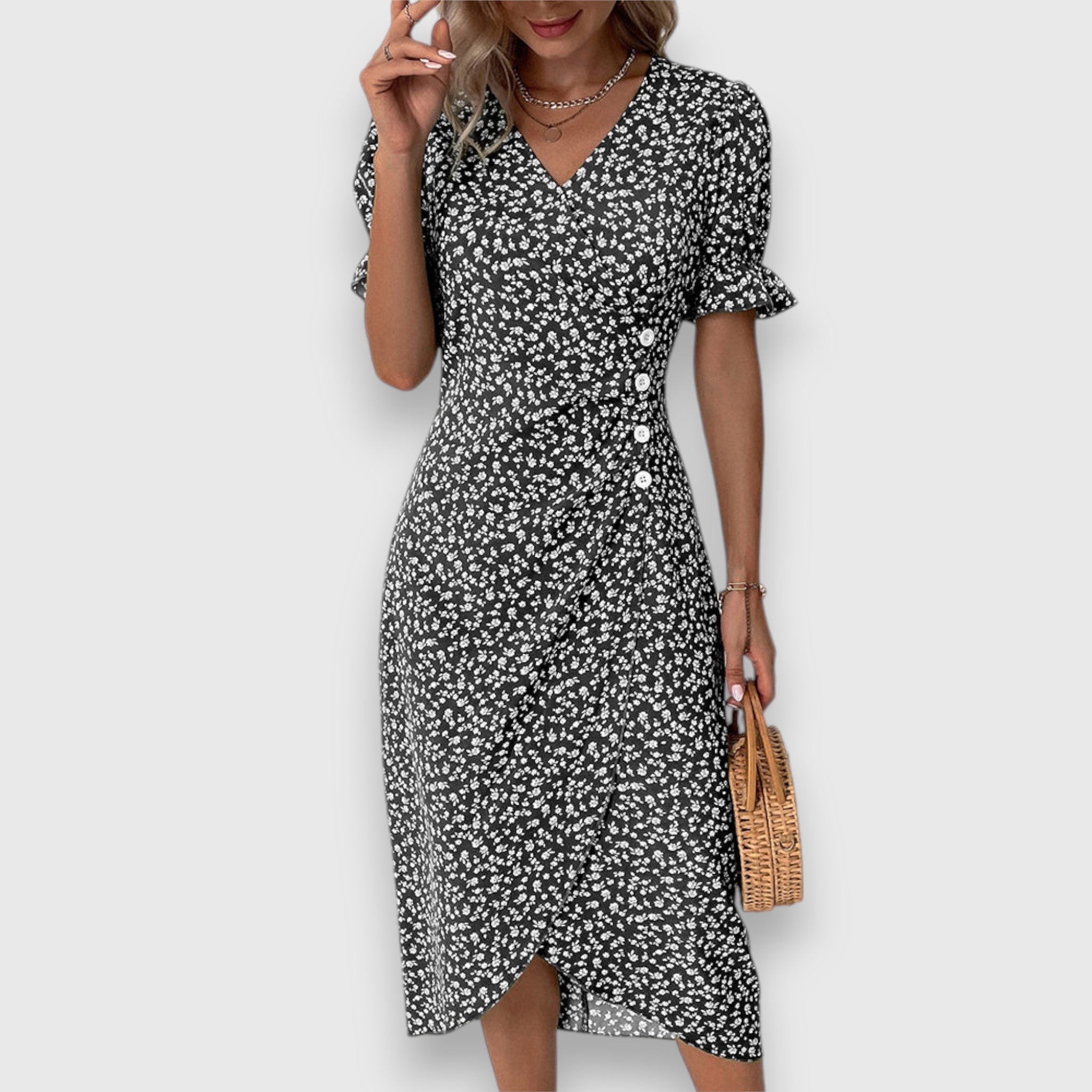 Ditsy Floral Puff Sleeve Button Side Split Midi Dress