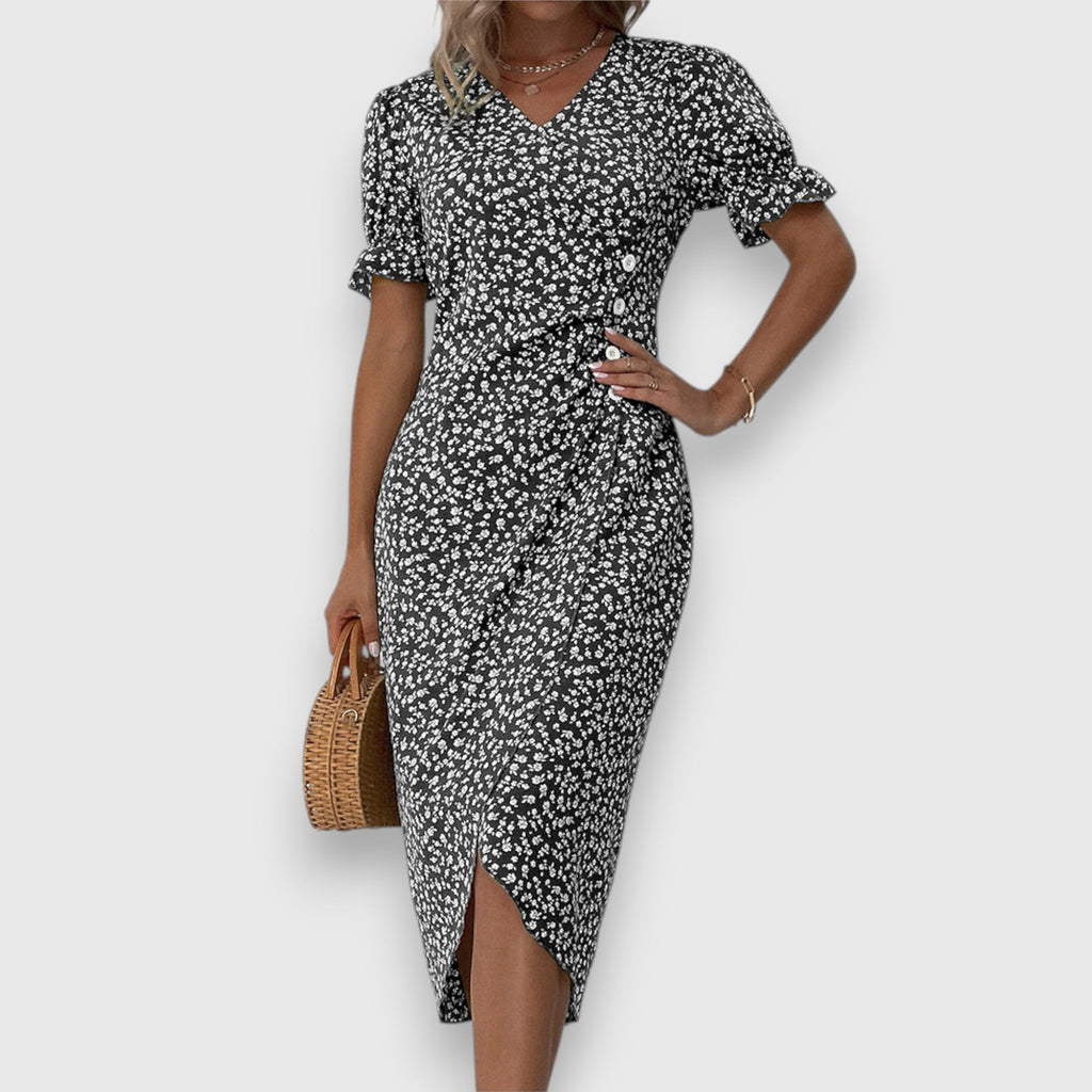 Ditsy Floral Puff Sleeve Button Side Split Midi Dress