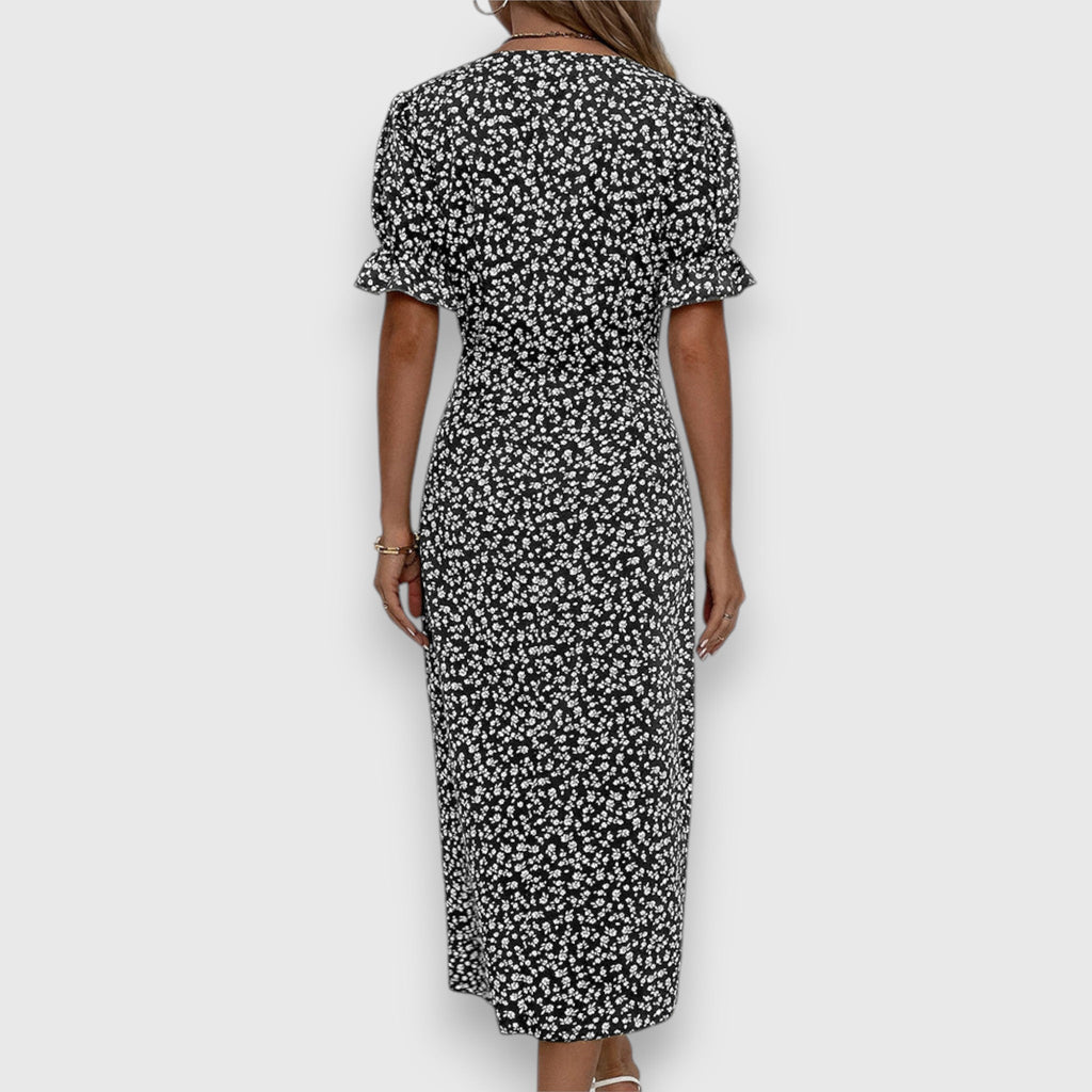 Ditsy Floral Puff Sleeve Button Side Split Midi Dress