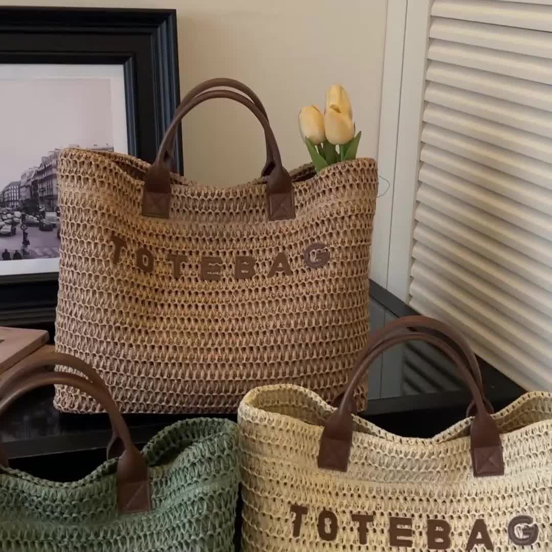 Large Woven Tote Bag with Leather Handles
