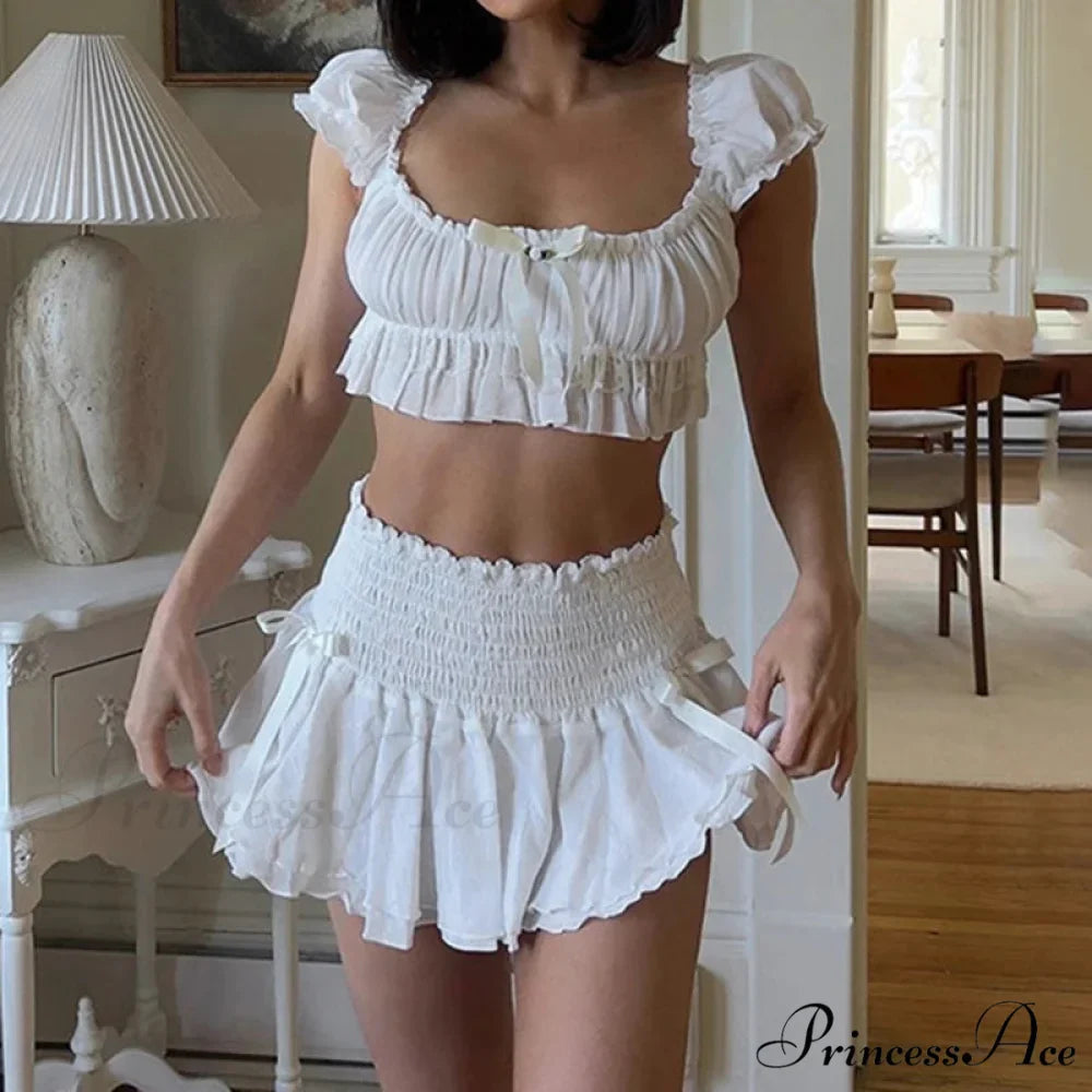 00s Cute Outfit Bow Trim Off Shoulder Crop Tops T-shirt + Ruffled Layered Mini Skirt Y2K Fairycore 2 Piece Set Women Clothes