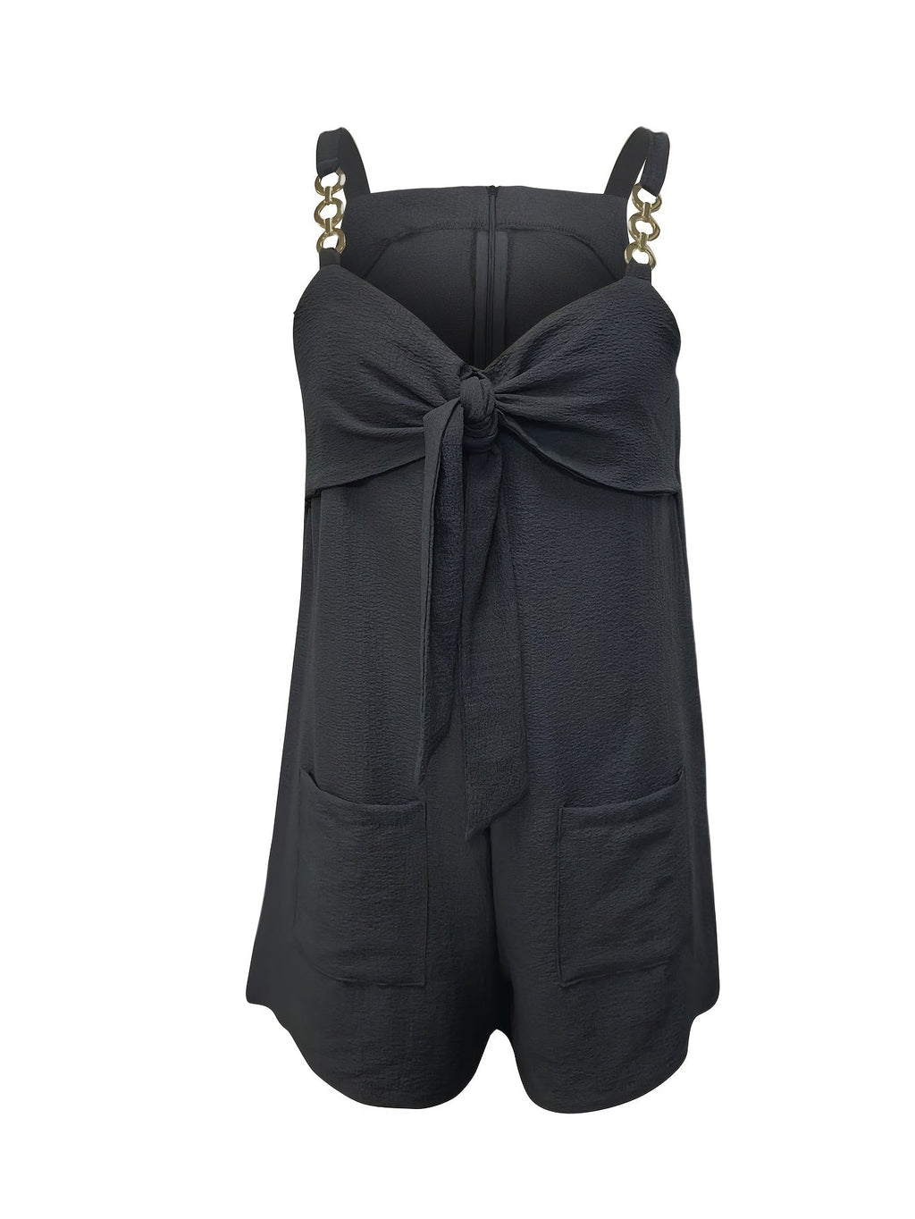 Chain Strap Bow Front Sweetheart Neck Textured Short Romper