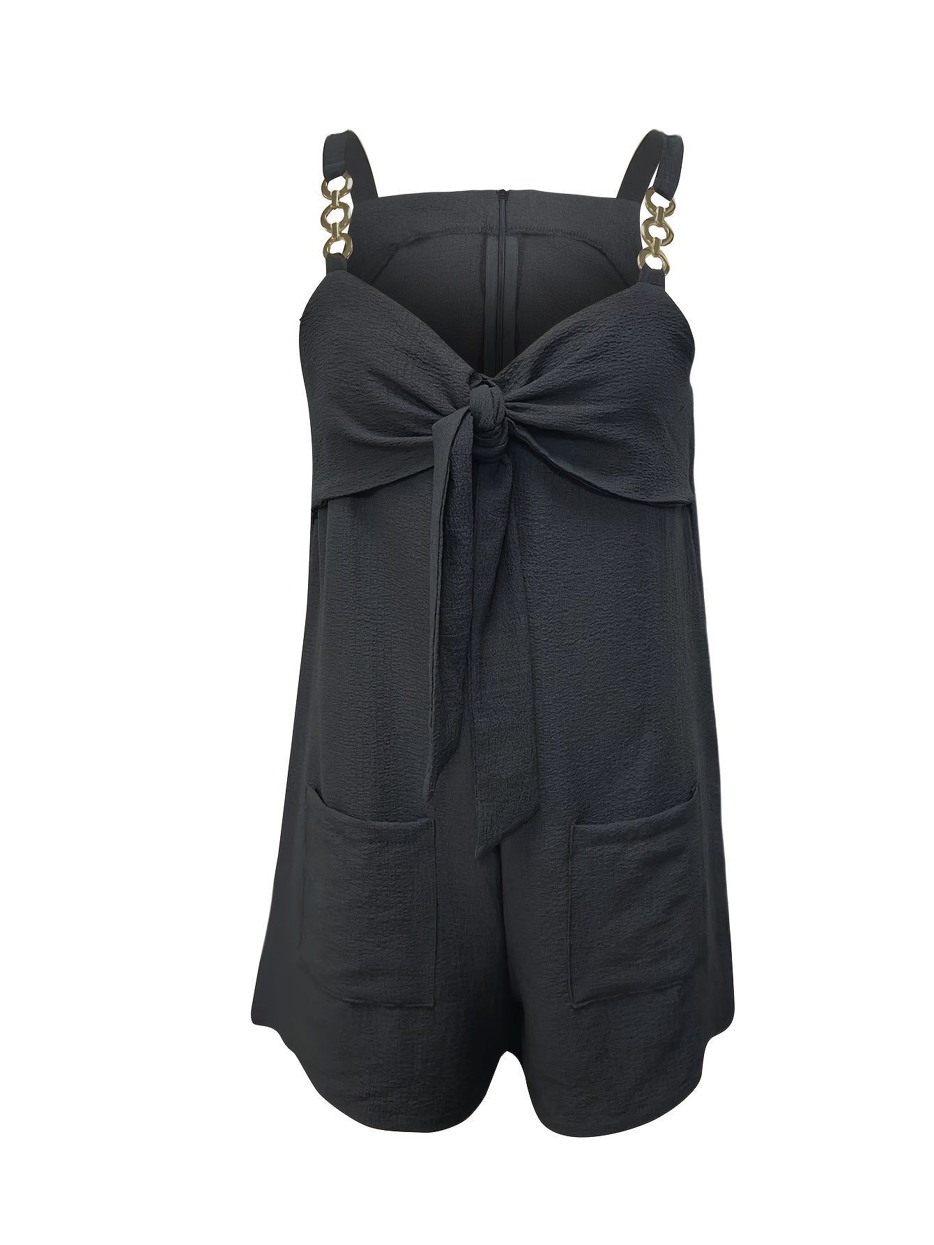 Chain Strap Bow Front Sweetheart Neck Textured Short Romper