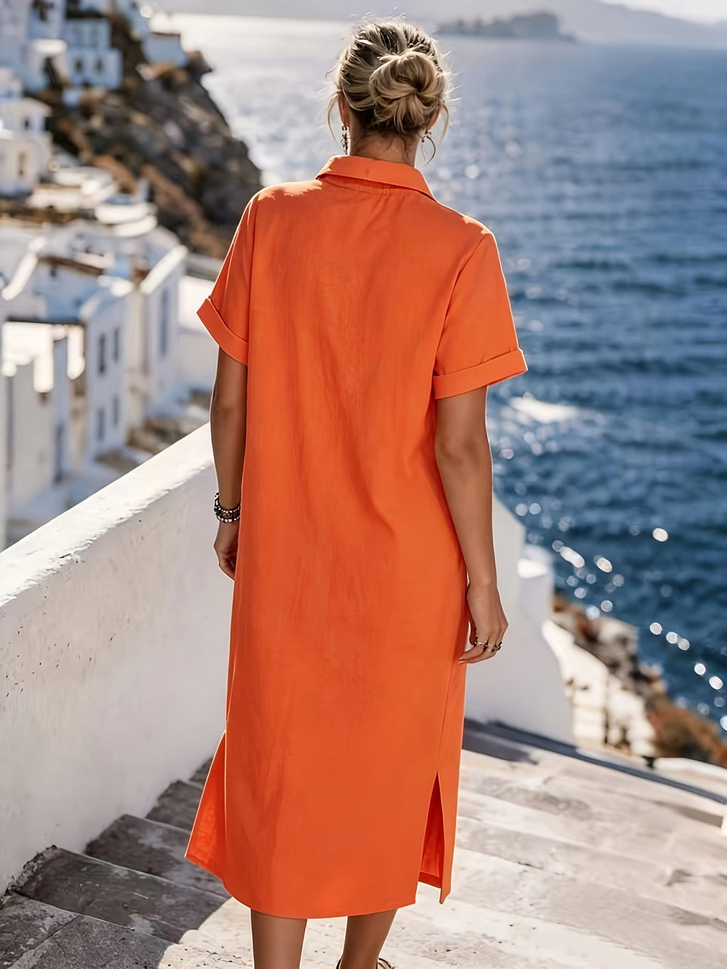 Button-Front Short Sleeve Shirt Dress for Vacation