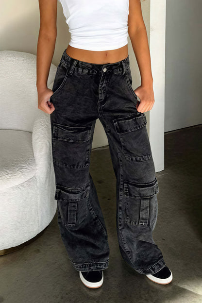Retro Pocket Washed Cargo Straight Jeans