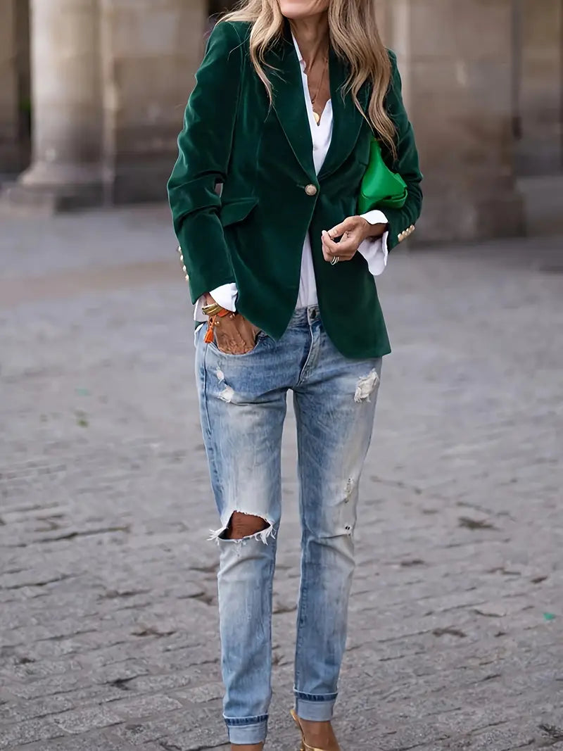 Gold Button Cuff Peak Lapel Slim Fit Velvet Blazer