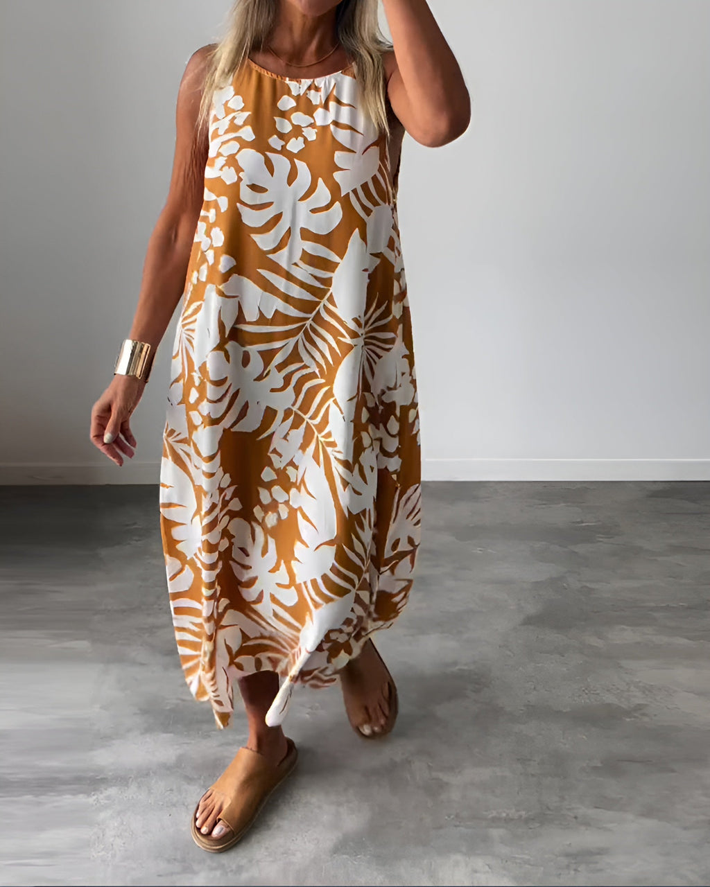Tropical Leaf Print Halter Neck Sleeveless Swing Casual Maxi Dress