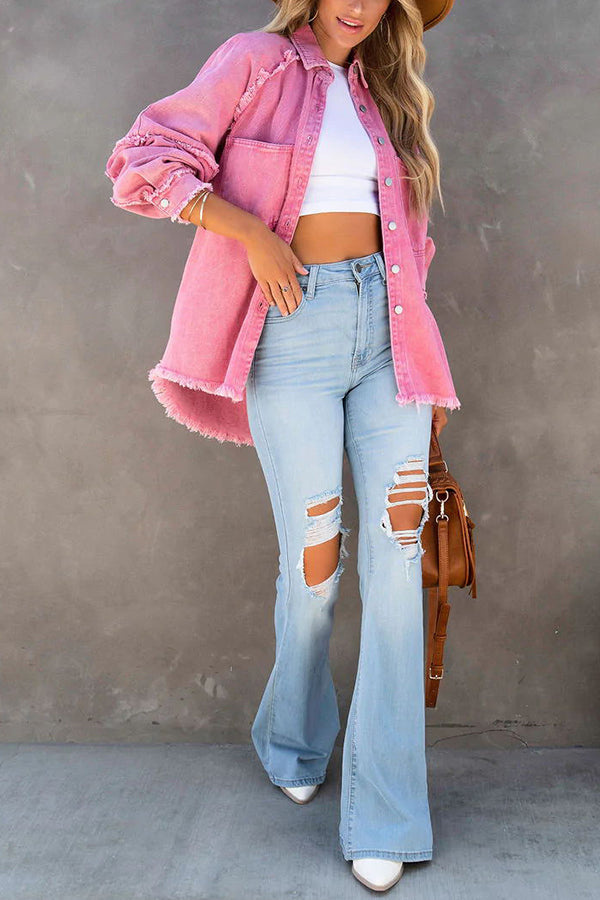 Oversized Frayed Denim Shirt Jacket for Casual Style