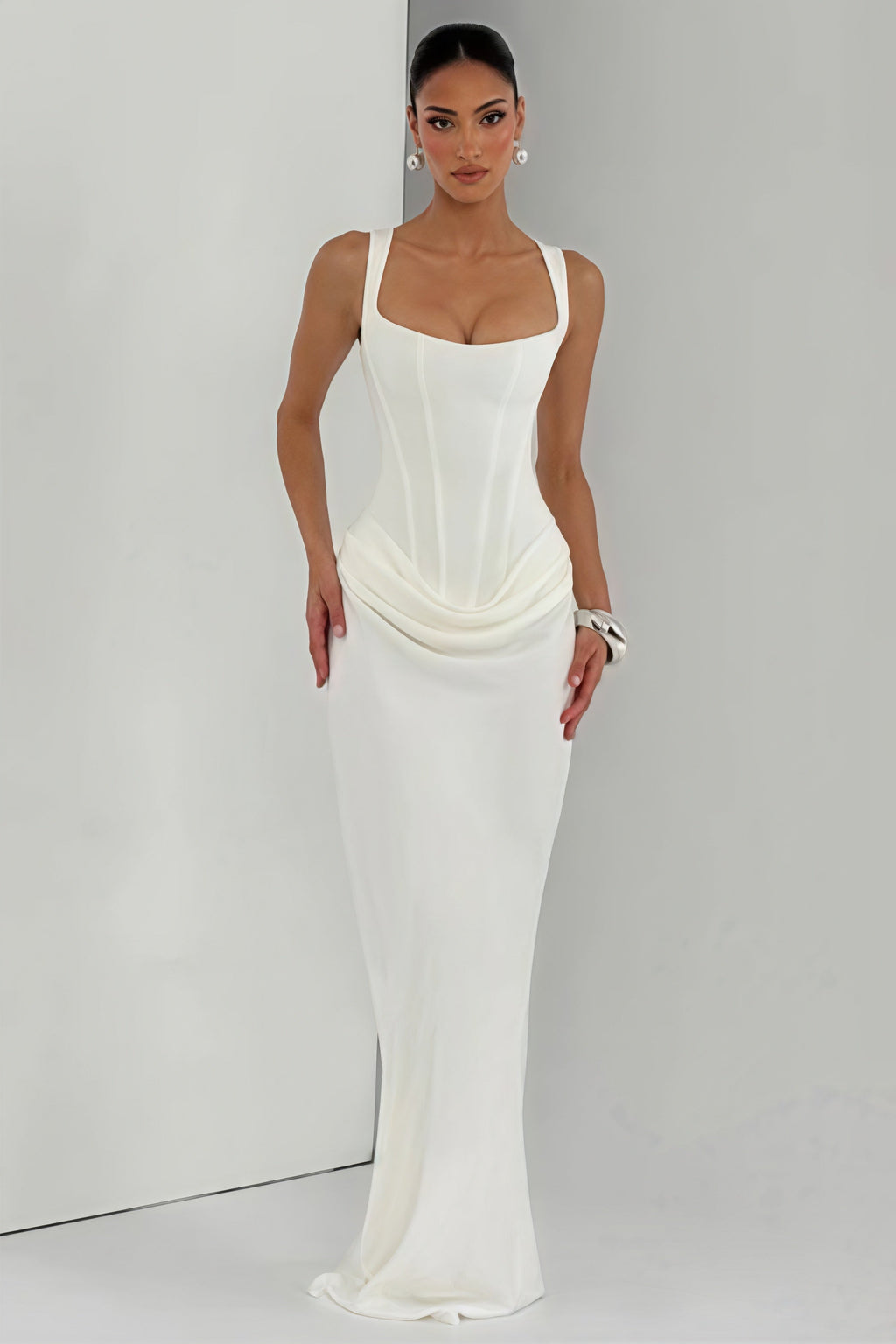 Woman wearing Waist-Cinching Boned Ruched Maxi Dress from Hicosy — view 4