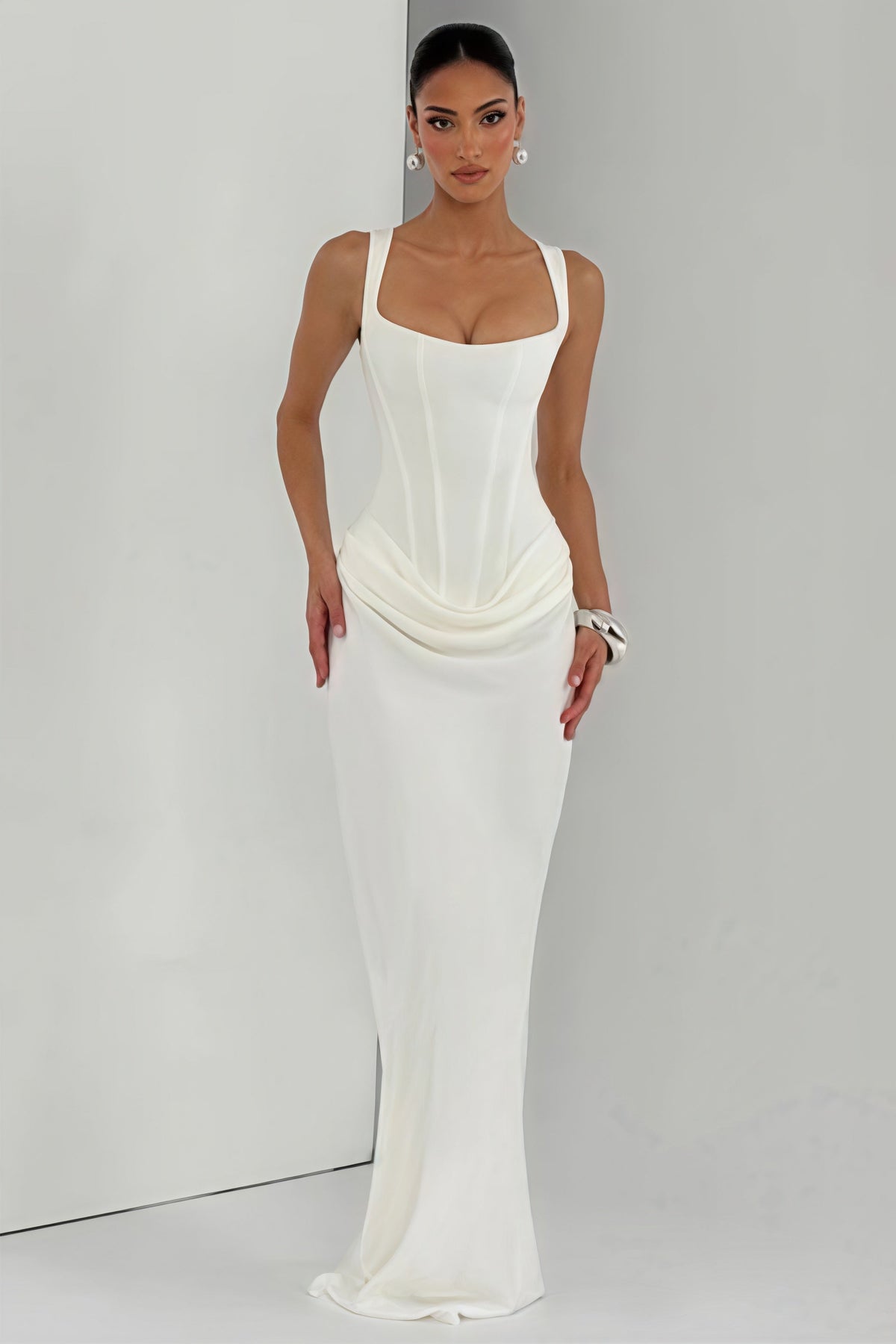 Woman wearing Waist-Cinching Boned Ruched Maxi Dress from Hicosy — view 4