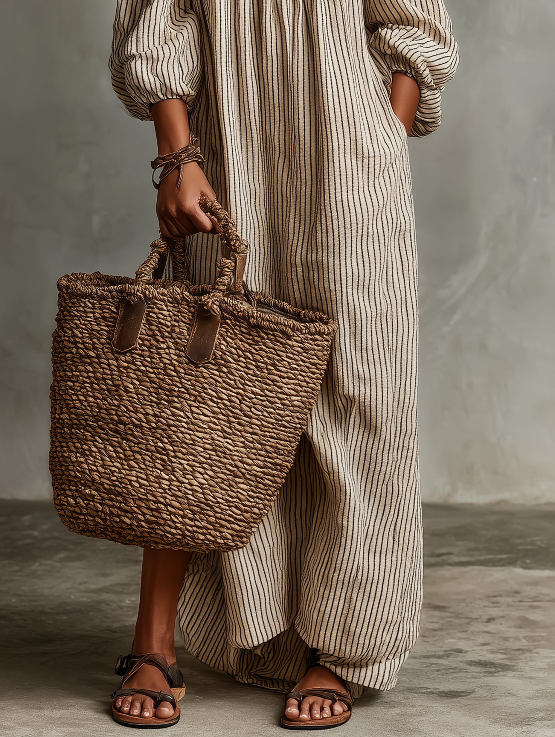 Striped Off Shoulder Puff Sleeve Casual Linen Maxi Dress