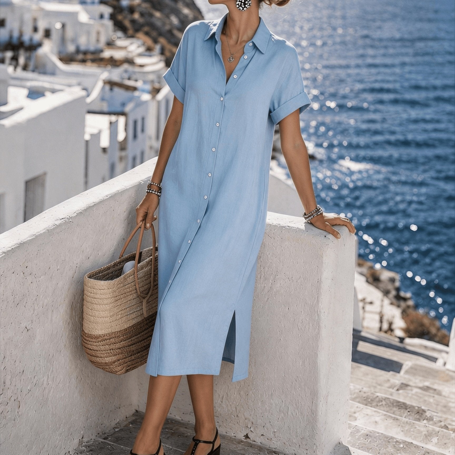 Button-Front Short Sleeve Shirt Dress for Vacation