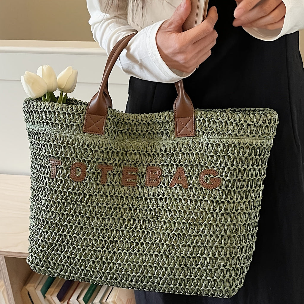 Large Woven Tote Bag with Leather Handles