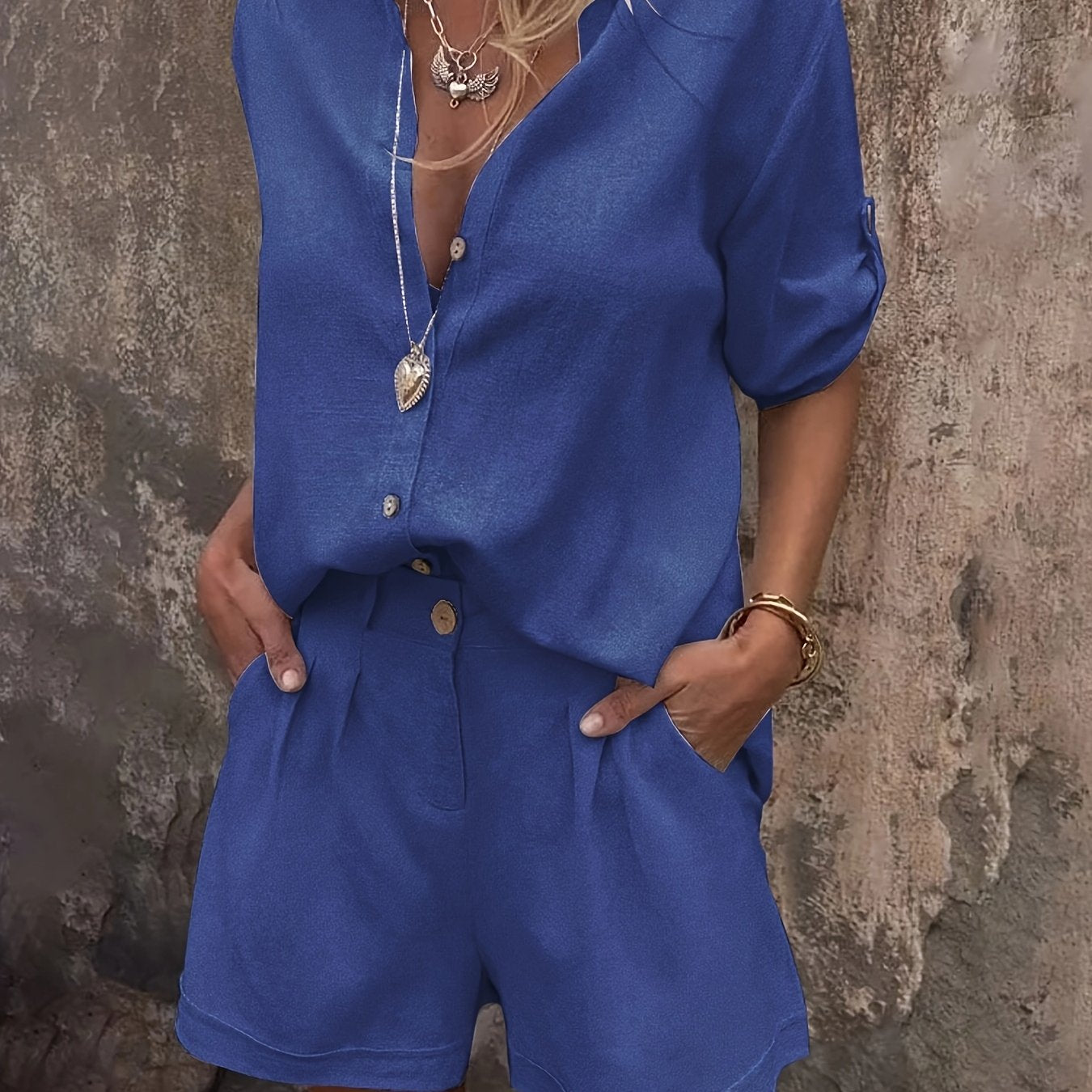 Shimmer Linen Collared Button Down Top and Short Set