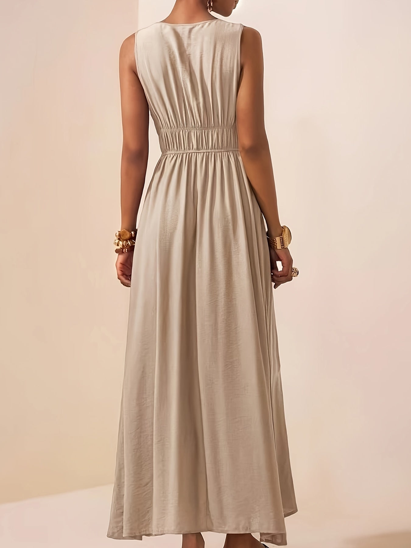 Gold Ring Strap Ruched Bust V Neck Flowy Maxi Dress