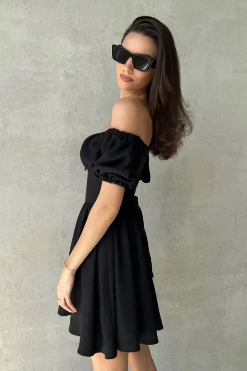 Off Shoulder Puff Sleeve Tie Mini Dress