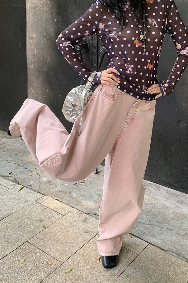 Pink Heart Pocket Loose Wide Leg Jeans