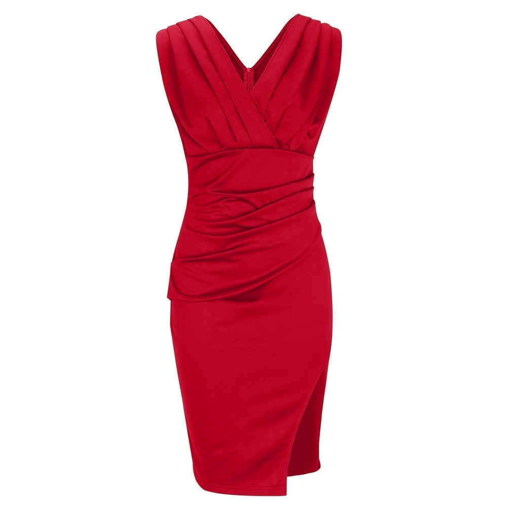 Pleated Shoulder Ruched Bodycon V Neck Split Mini Dress - Cocktail Party