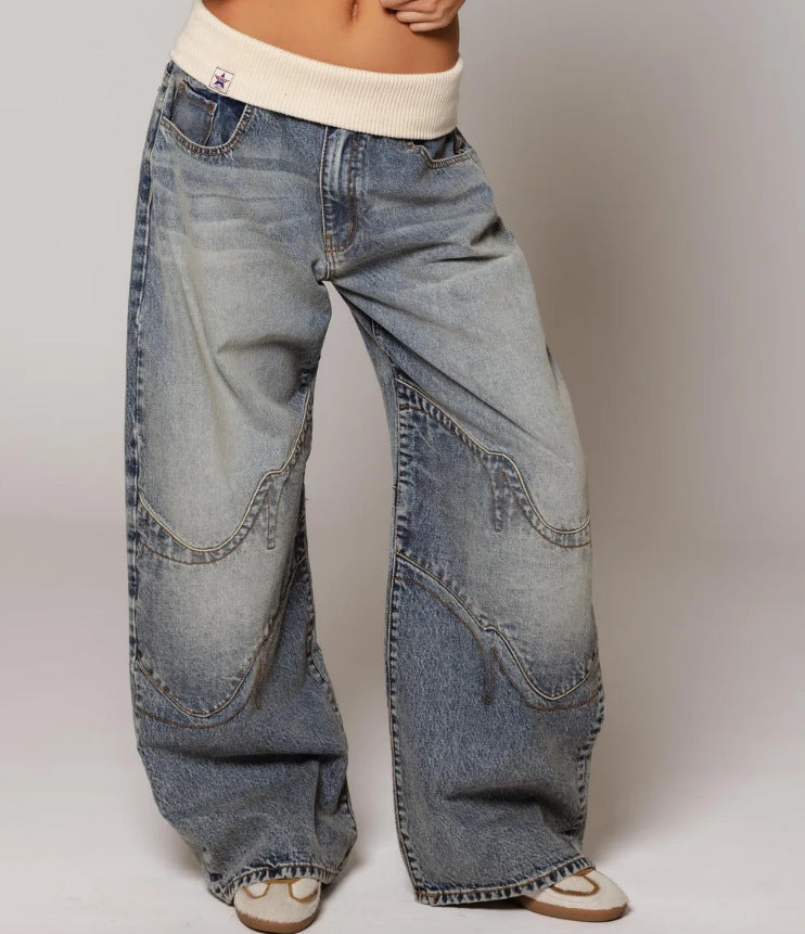 Washed Blue Vintage Denim Jeans for Women | Loose Fit Straight Leg