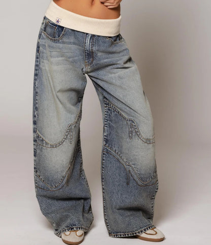 Washed Blue Vintage Denim Jeans for Women | Loose Fit Straight Leg