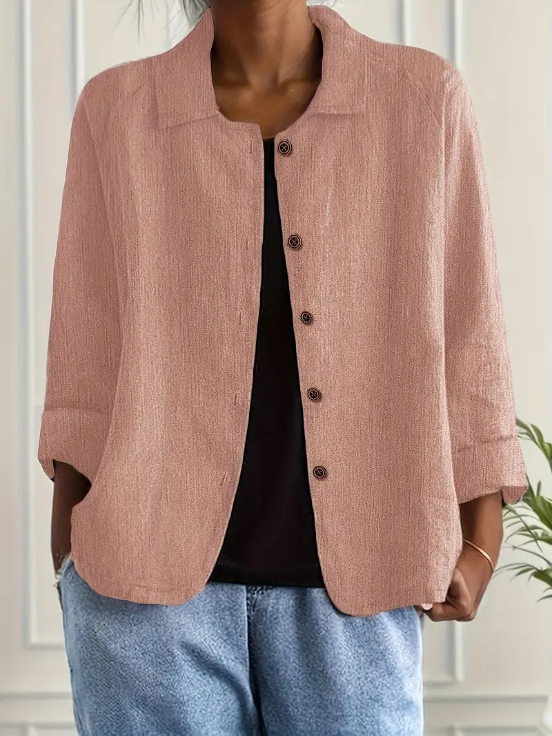 Textured Button Front Collared 3/4 Sleeve Linen Blazer