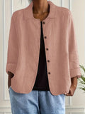 Textured Button Front Collared 3/4 Sleeve Linen Blazer