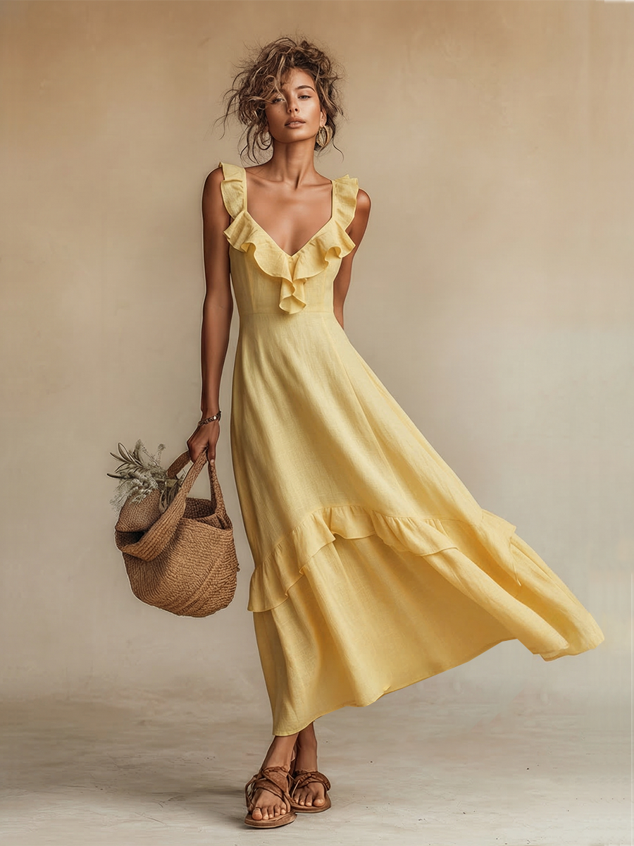 Ruffle V Neck Tiered Hem Sleeveless Linen Sundress