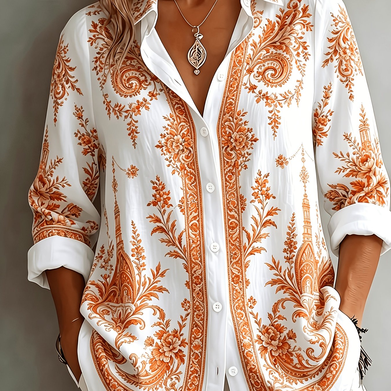 Floral Paisley Print Long Sleeve Oversized Casual Blouse
