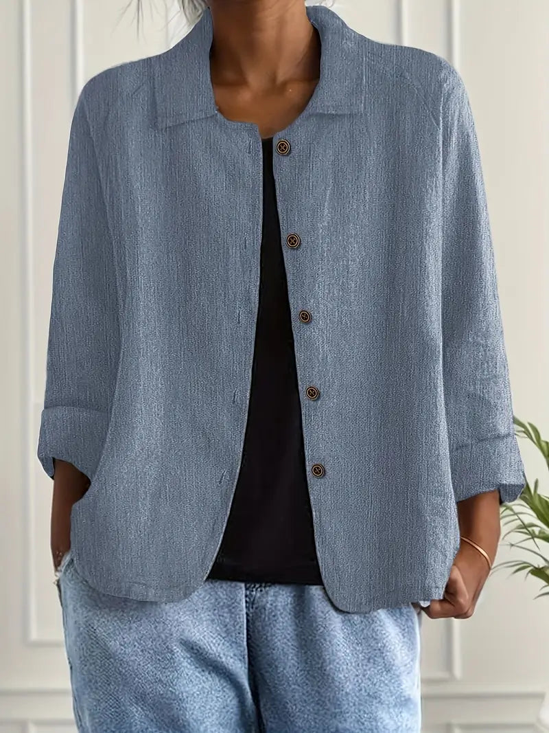 Textured Button Front Collared 3/4 Sleeve Linen Blazer