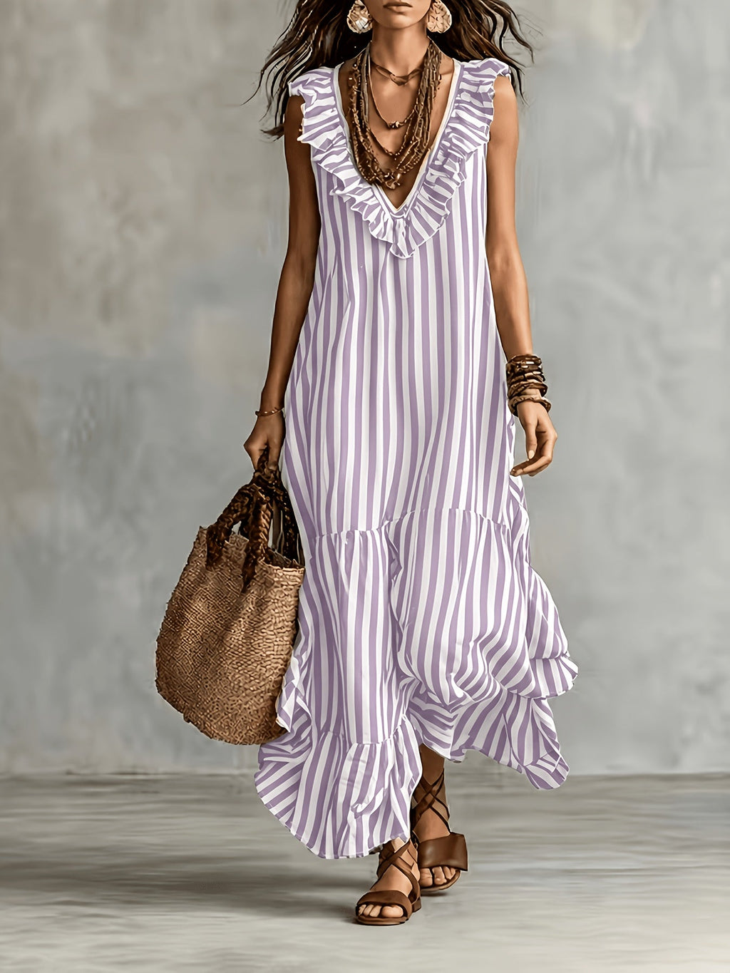 Striped Ruffled V Neck Boho Maxi Dress for Vacation