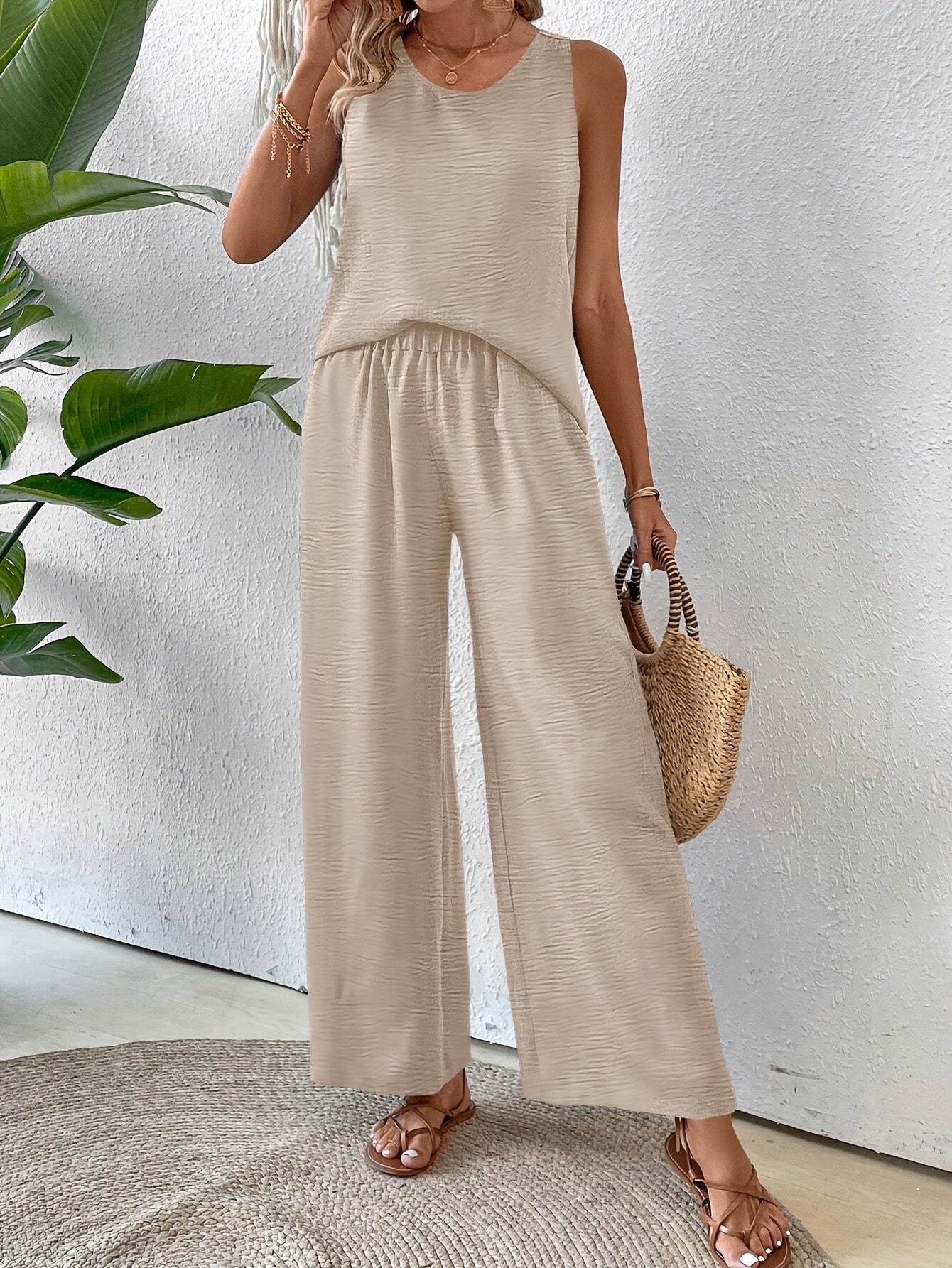 Crochet Back Sleeveless Top and Wide Leg Pants Summer Set