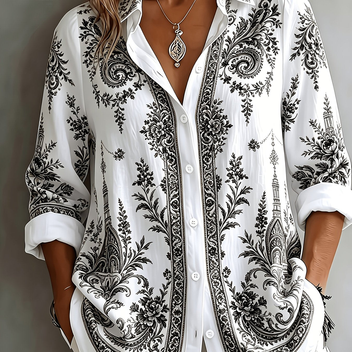 Floral Paisley Print Long Sleeve Oversized Casual Blouse